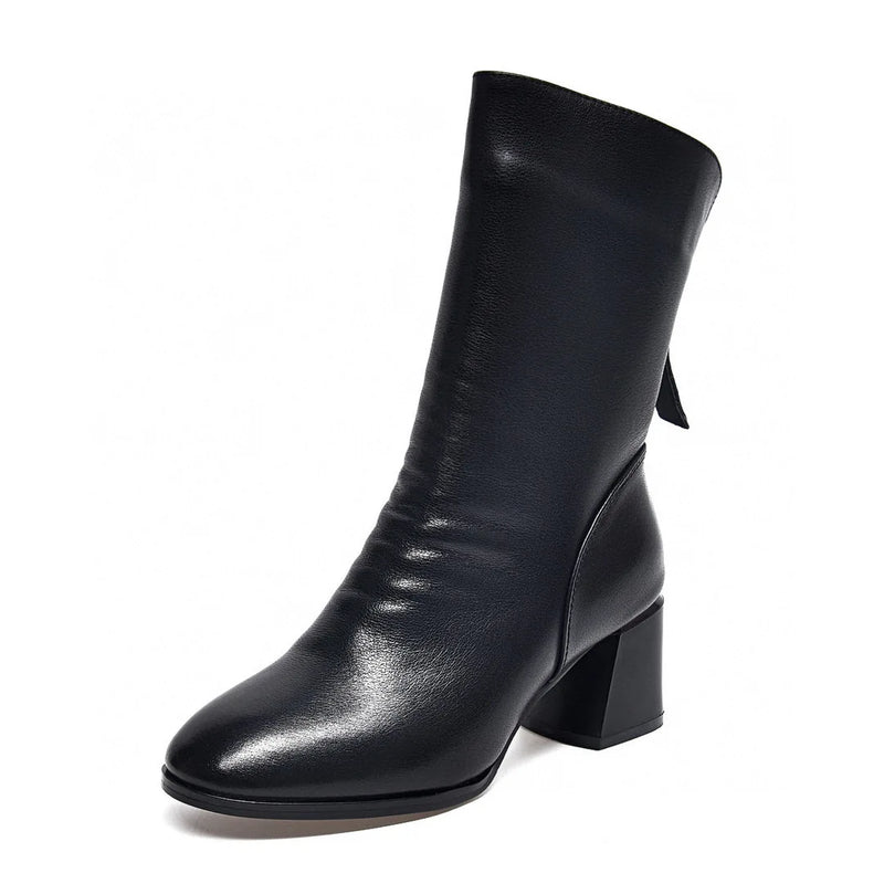 Leather boots for women 2023 autumn and winter round head mid-leg thick heel boots European and American style after zipper fash