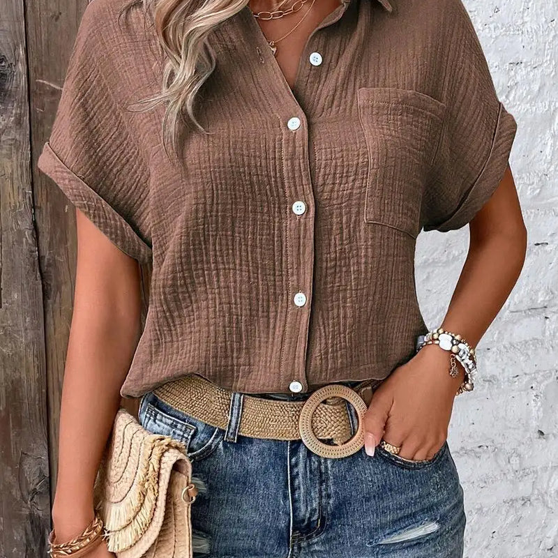 Women Casual Cotton Blouse Vintage Summer Short Sleeve Slim Shirt Elegant Turn Down Collar Solid Tunics Harajuku Streetwear Tops