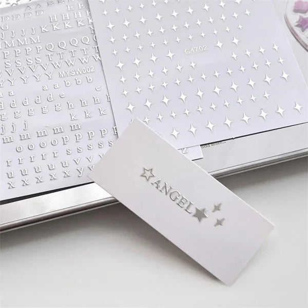 3Pcs  Toploader Decorative Stickers Set - Silver Letters & Starburst Star Design Photocard Accessories for Fans, DIY Planner Scrapbook Stationery, Album Decoration Supplies