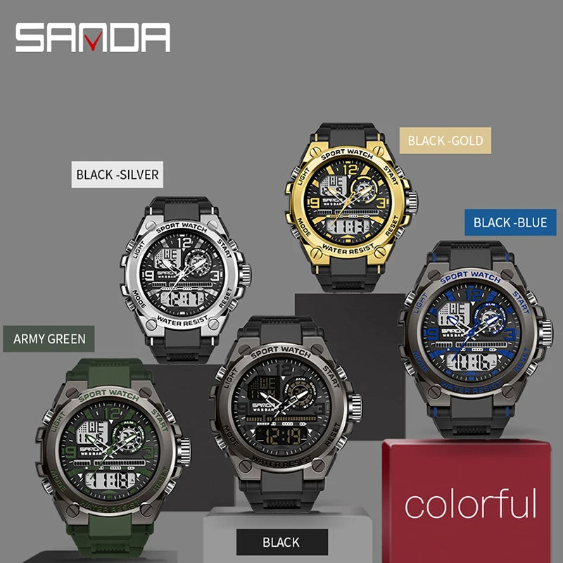 SANDA 6024 Men Sports Quartz Watches Dual Display LED Electronic Digital Wristwatches Waterproof Watch Relogios Masculino
