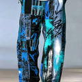 Men's Black Teal Patchwork Newspaper Print Wide Leg Pants Elastic Drawstring Loose Trousers For Retro Street - View 4 | SAMAG