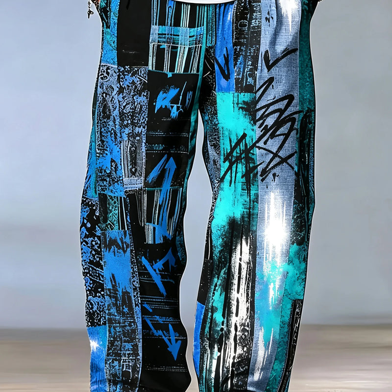 Men's Black Teal Patchwork Newspaper Print Wide Leg Pants Elastic Drawstring Loose Trousers For Retro Street - View 4 | SAMAG