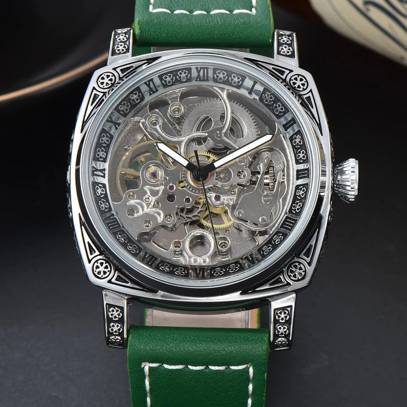 Men Automatic Watch Retro Style Mechanical Watches Skeleton Carve Waterproof Leather No Logo Mens Watch Boyfriend's Gift