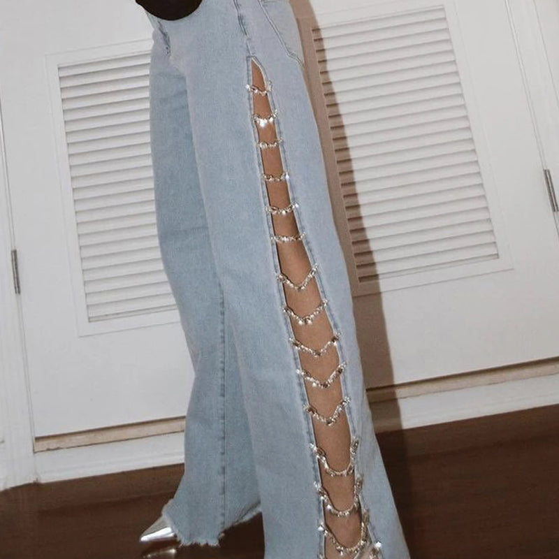 Sexy Hole Rhinestone Denim Pants Women Fashion Baggy - View 5 | SAMAG
