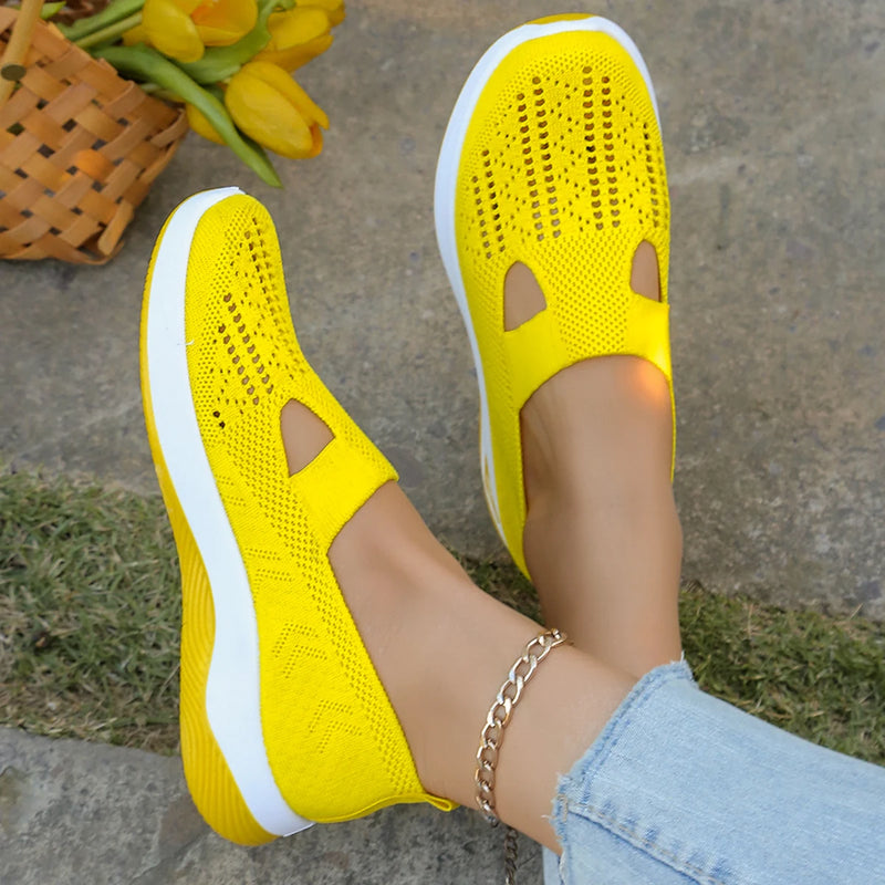 Women's shoes, women's casual shoes, solid color breathable sports shoes, soft-soled lightweight walking shoes, low-top knitted