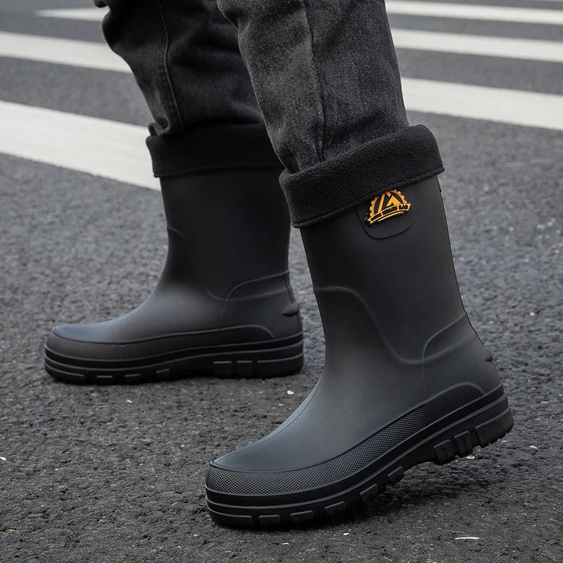 High tube rain shoes for men  high tube rain 2025 boots  autumn and winter cotton car wash work rubber shoes