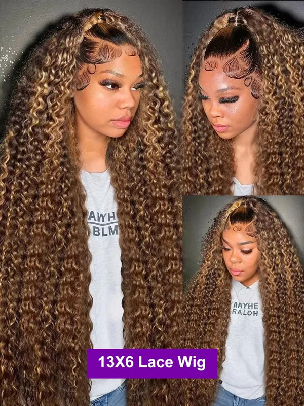 250 Density Highlight Ombre 13x6 Curly Real Human Hair Wigs 30 38 Inch Brazilian 4/27 Colored Deep Wave 13x4 Lace Frontal Wigs