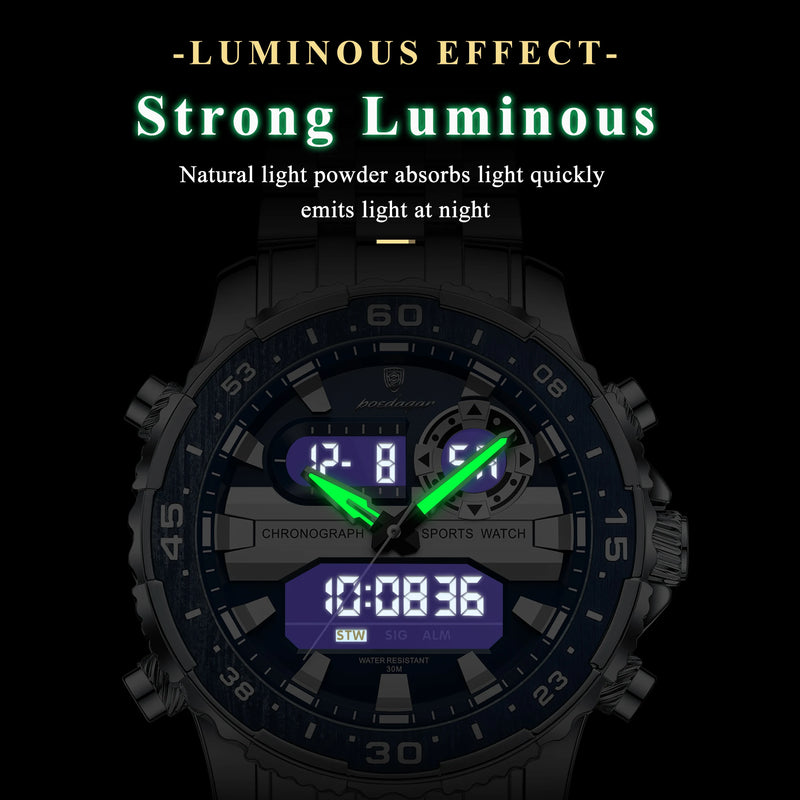 POEDAGAR Top LED Man Clock Waterproof Electronic Luxury Men's Watches Dual Time Display Digital Stainless Steel Men Quartz Watch