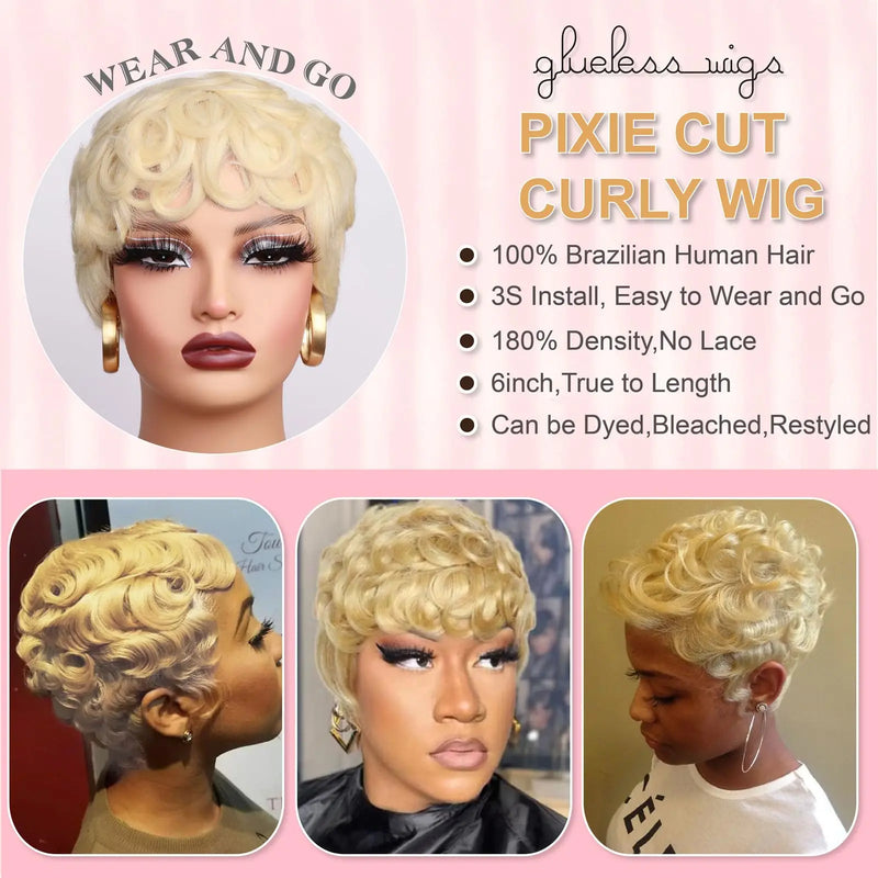 613 Honey Blonde Curly Pixie Cut Wig 100% Human Hair with Bangs Short Curly Human Hair Wigs for Women Machine Made