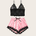 Summer Silk Satin Women's V-Neck Sexy Lace Suspender Pajama Shorts Set Stripes Heart Casual Women's Sleeveless Sexy Pajama Set