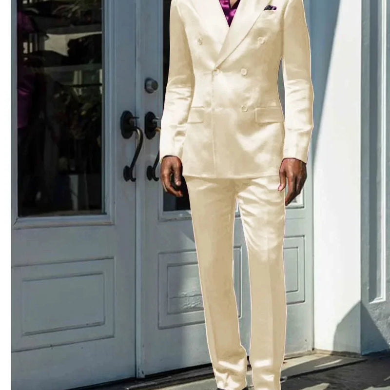 Fashionable Men Suits Satin 2 Piece Jacket Pants Sets High Quality Prom Party Blazer Double Breasted Peak Lapel Male Clothing
