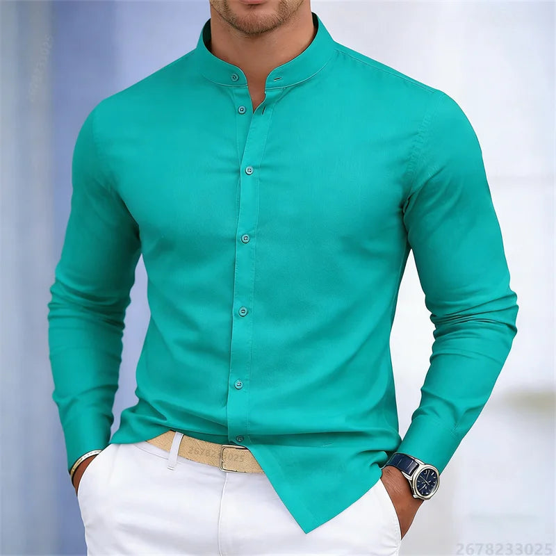Men's stand-up collar white or black long-sleeved shirt | SAMAG