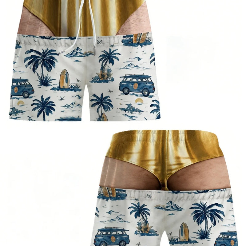 Men Funny Fake Two Piece Shorts Optical Illusion Thong Print Beach Fun Swim Trunks for Summer Holiday - View 12 | SAMAG