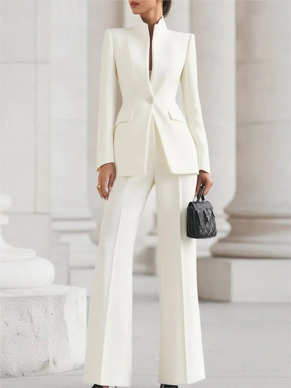 Elegant Women Solid Slim Two Piece Sets Spring Fashion Stand Collar Long Sleeved Blazer+Pants Suit Casual Work Office Coat Set