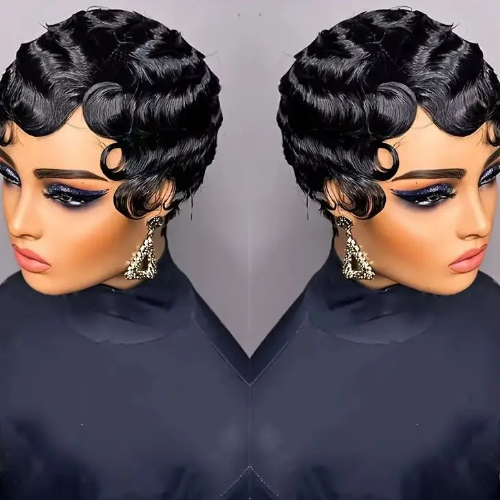 Elegant Human Hair Wave Pixie Cut Wig Layered Style For Women 180% Density Machine Made Hair