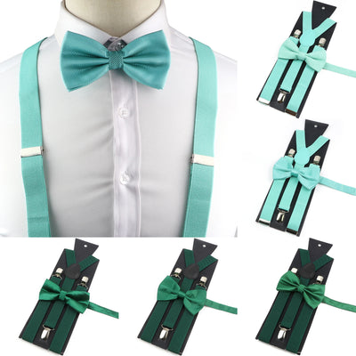 Fashion Men Kids Turquoise Green Suspender Bowtie Sets Elastic Solid Color Y - back Straps Butterfly Father Son Shirt | SAMAG