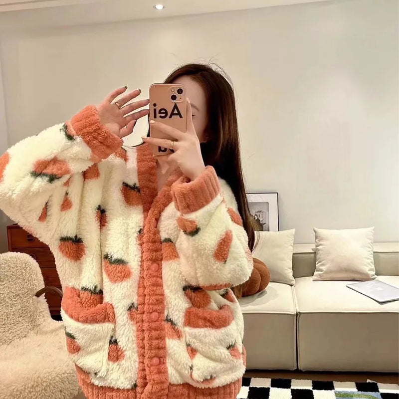 Pyjama épais en flanelle et velours corail fraise | SAMAG
