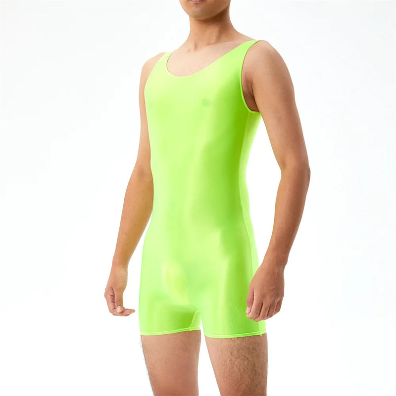 Mens Undershirts Leotard Sleeveless Glossy Elastic Seamless Bodysuits Wrestling Singlet Bodywear Lingerie Sheer Gay Jumpsuits