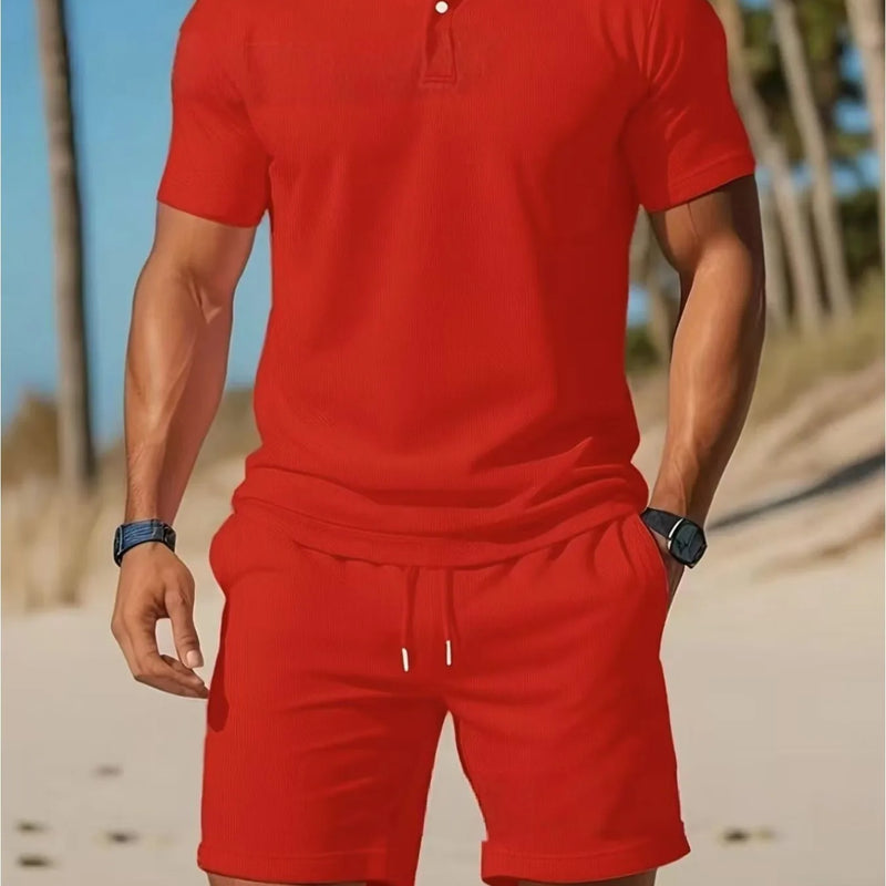 Summer New Men's Polo Shirt Set Casual Sporty Cool Fashionable Slim Fit Solid Color Short-Sleeved Shorts Set Men's
