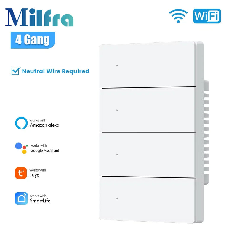 Milfra Zigbee WIFI Light Switch 1/2/3/4/6 Gang Smart Switch Voice Control Work With Alexa Google Home Tuya Control With Neutral