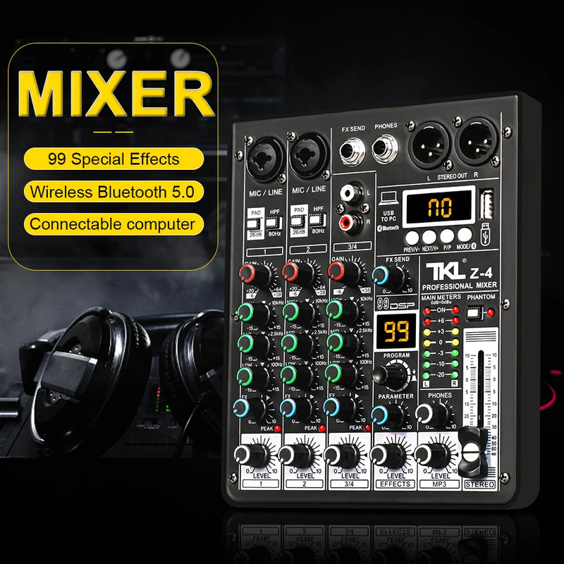 TKL 4 Channel 99 DSP Audio Mixer 48V Phantom Power USB Studio Sound Mixers Bluetooth DJ Console Mixing for Karaok