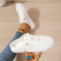 Women White Hollow Cutout Backless Mule Sneakers Breathable PU Leather Upper No Tie Laces Slip‑On Summer Casual Flat Shoes