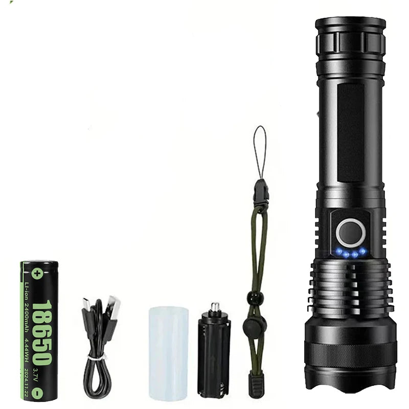 High Power Strong Light Long Range LED Flashlight USB Rechargeable Defense Flashlight Outdoor Telescopic Zoom Super Bright Torch