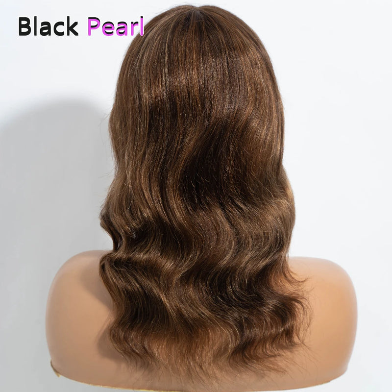 14 Inch Body Wave Wig With Bangs Highlight Color Central Part 4x1 Lace Frontal Human Hair Pre Plucked Natural Hairline