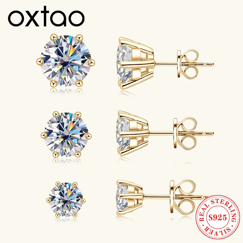 OXTAO 18K White Plated 0.5-2ct Moissanite Diamond Stud Earring Real 925 Silver Wedding Earring Luxury Women's Jewelry Certified
