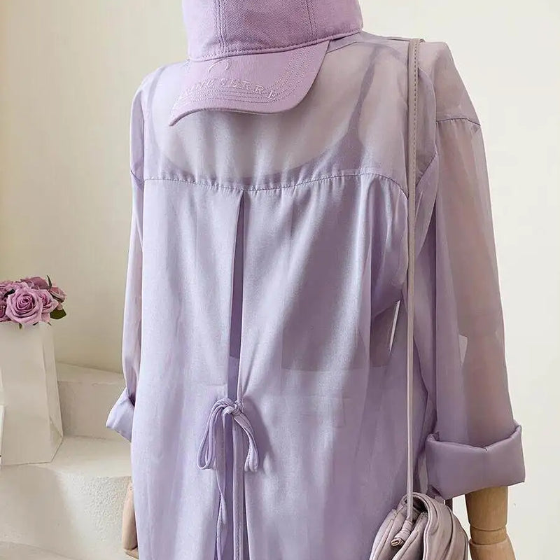 Tie Back Button Down Shirt Women Semi Sheer Chiffon Long - View 4 | SAMAG