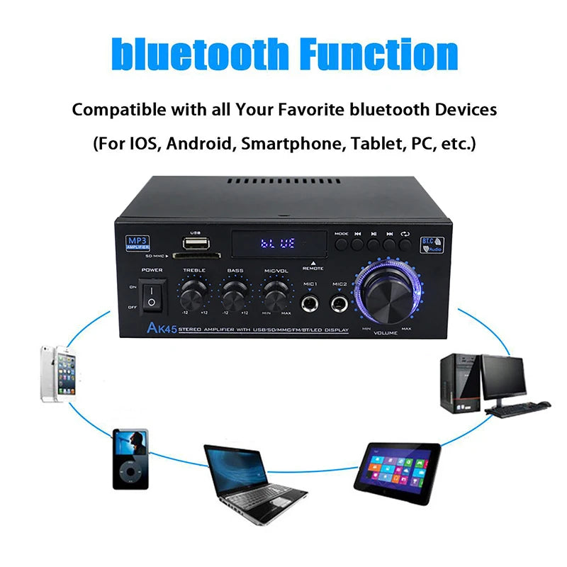 AK35/AK45 800W Home Power Amplifier 2 Channel Bluetooth 5.0 Mini Hifi Digital Stereo Sound Amplifier Support FM USB SD Mic input