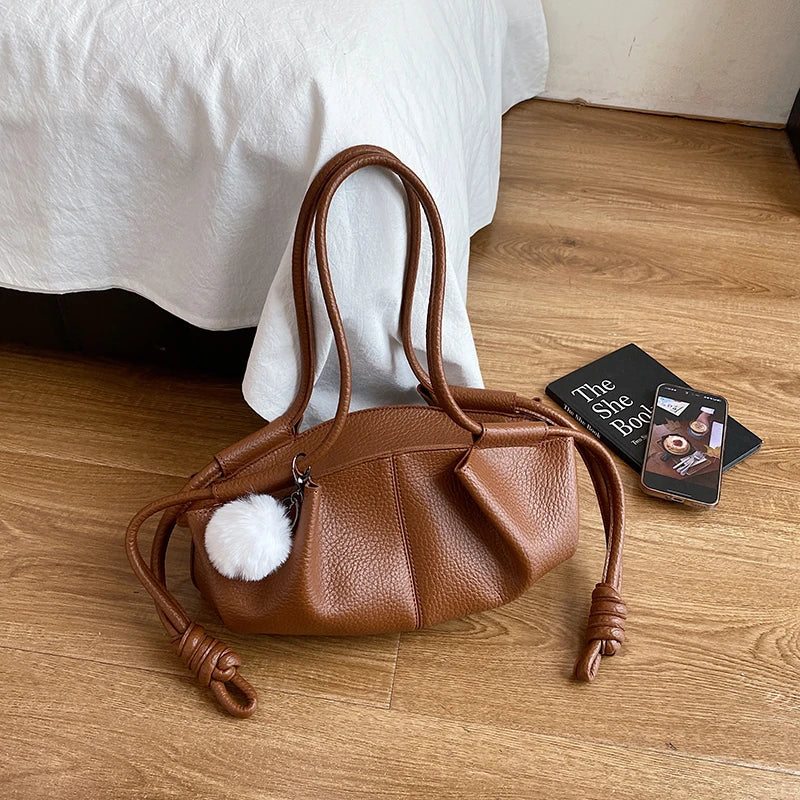 Orange Handbag High Quality Pu Leather Bag Lady Designer Pleated Cloud Bag Fashion Hobo Shoulder Bag Female Dumpling Tote