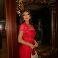 OIMG Shimmery Red Square Neck Mermaid Formal Prom Gowns | SAMAG