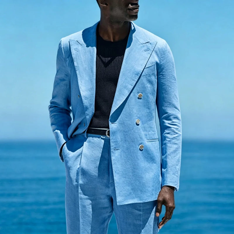 Summer Linen Double Breasted Men Suit Set Separates 2 Pieces Custom Jacket with Pants for Beach Wedding Groom Tuxedo 2026