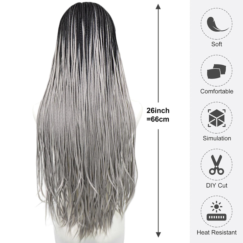 Ombre Grey Box Braided Wigs Braids For Black Women 26Inch Long Crochet Braids Synthetic Hair Wig Dark Roots 13x3 Lace Front Wig