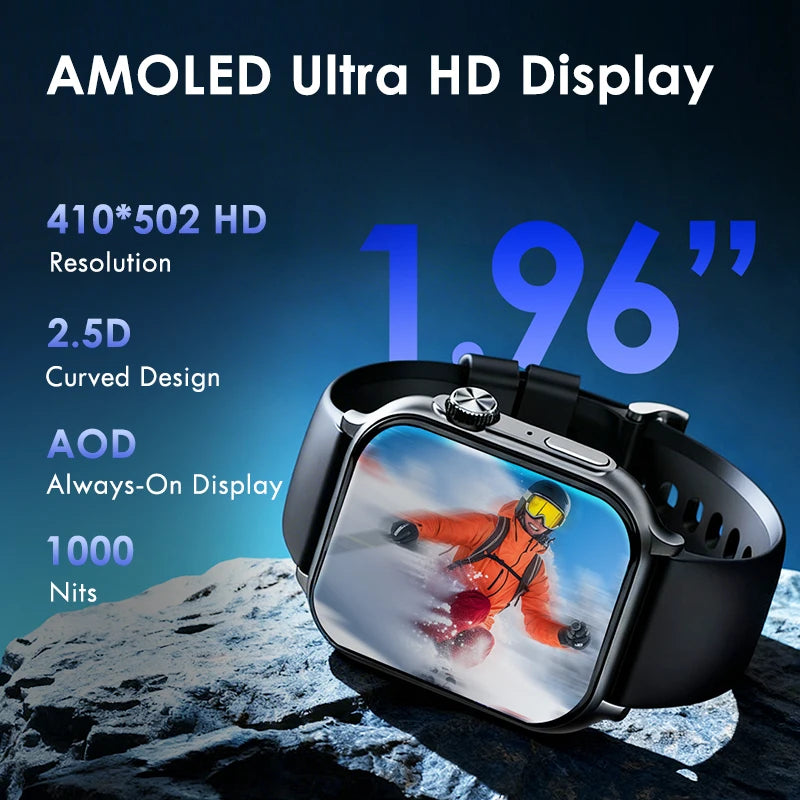 Lenovo 2026 Smart Watch 1.96" HD AMOLED Display Heart Rate Health Monitoring Bluetooth Voice Callings Smartwatch For Android IOS