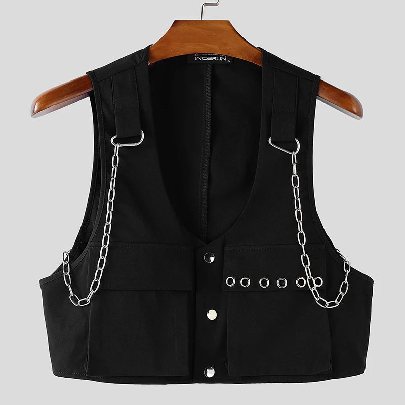 INCERUN Men Vests Solid Color Chain Decoration V Neck Sleeveless Crop Tops Men Streetwear Fashion Casual Male Waistcoats S-3XL