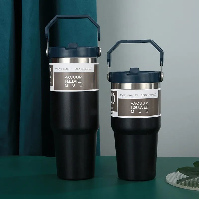600/890ML Thermos Mug With Straw Stainless Steel Car Insulated Flask Water Tumbler for Outdoor Keeps Cold and Heat Thermal Mug