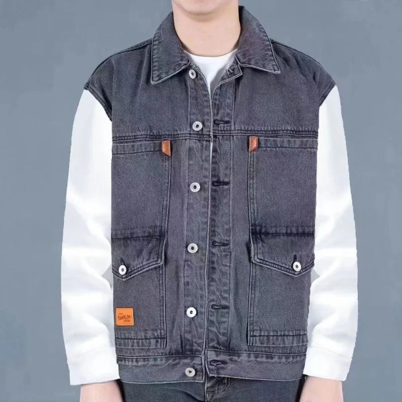 Trendy Summer Retro Denim Vest for Men Sleeveless Cargo Jacket Multi Pocket Workwear Jacket