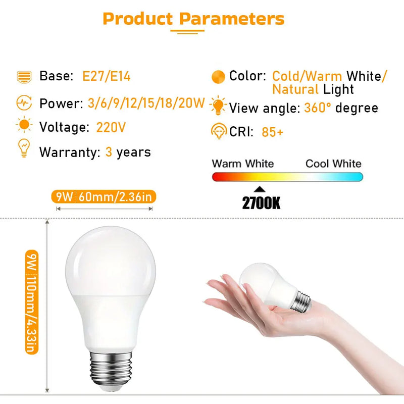 4PCS E27 E14 LED Bulb AC220V SMD2835 3W 6W 9W 12W 15W 18W 20W LED Lamp Cold Warm White Led Bulbs Indoor Lighting