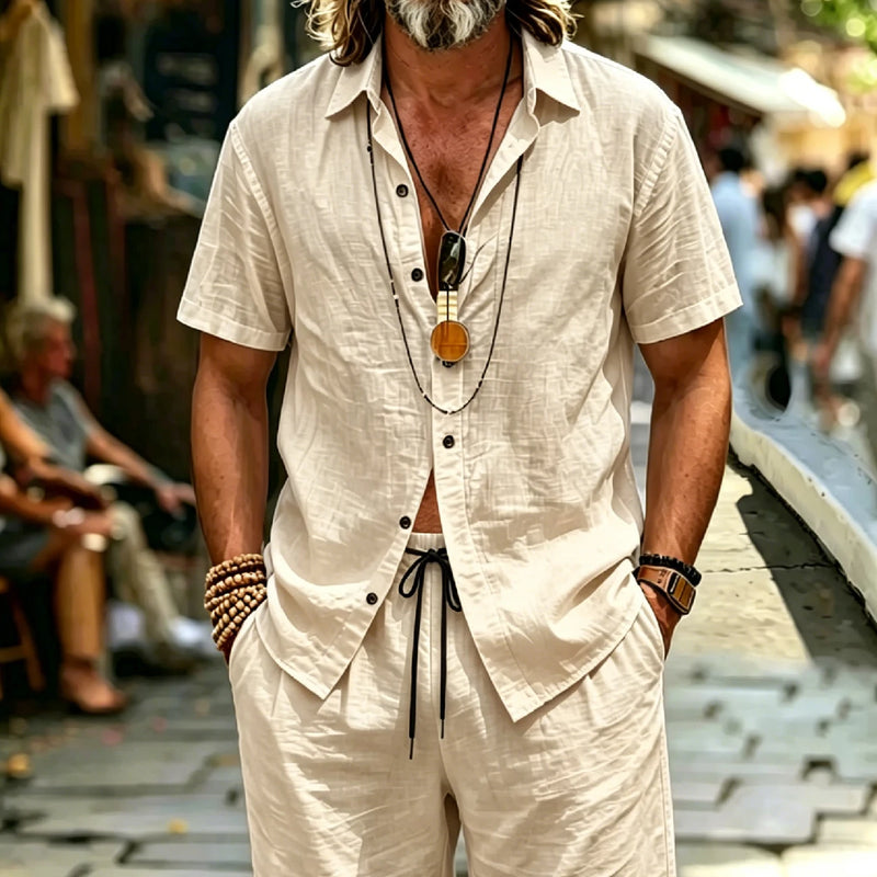 Men's Island Vacation Textured Shirt & Shorts Set, Lapel | SAMAG
