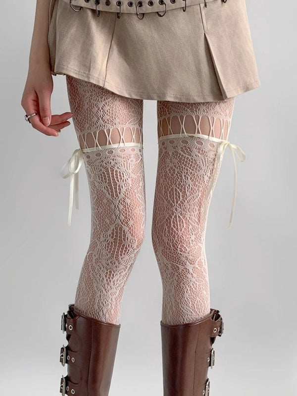 New Gothic Hollowed Lace Tie Fishnet Suspender Socks for Women Sexy Slim Nylon Mesh Thigh High Stockings White Tights Pantyhose