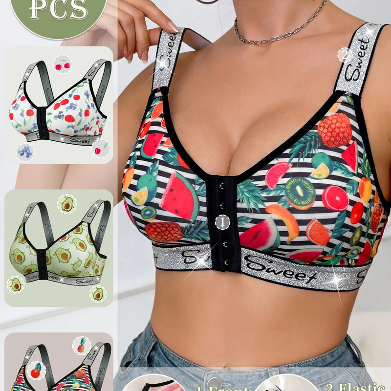 3 Pack Women's Wireless Bra, Mixed Fruit Print Front Closure Shiny Trim Comfort Bralette