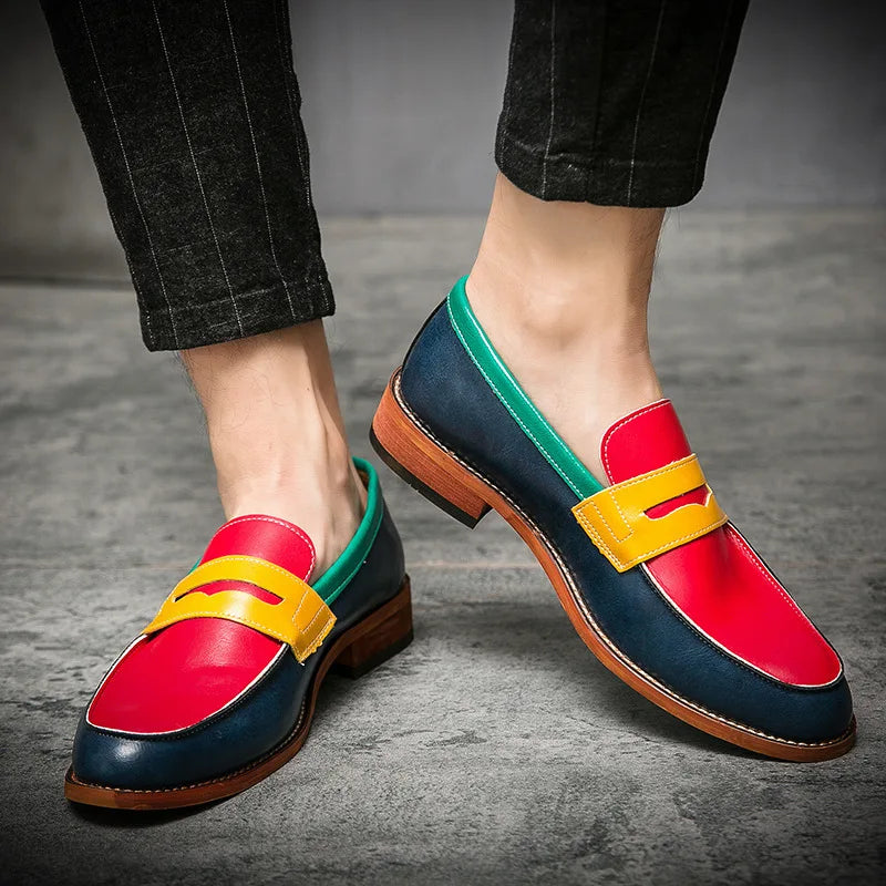 Italian Luxury Brand Patchwork  Loafers Men's Multicolor Leather Shoes Slip-on Fashion Soft-soled Casual Shoes Wedding Moccasin