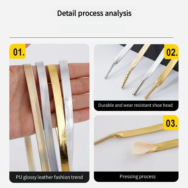 Luxury Faux Leather Shoelaces Gold Silver Flat Rope Shoelace Metal HeadSneakers Casual Shoes Laces 80/100/120/140/160cm 1Pair