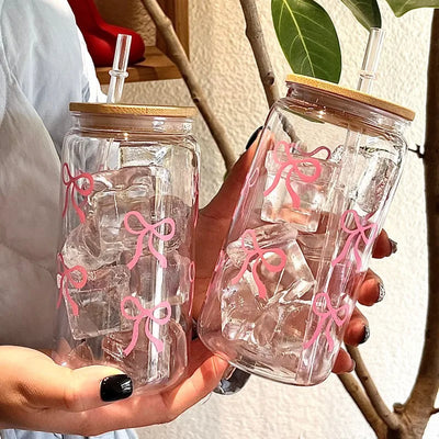 500ml Cute Bow Glass Cup Tumbler Mason Jar Shaped Water | SAMAG