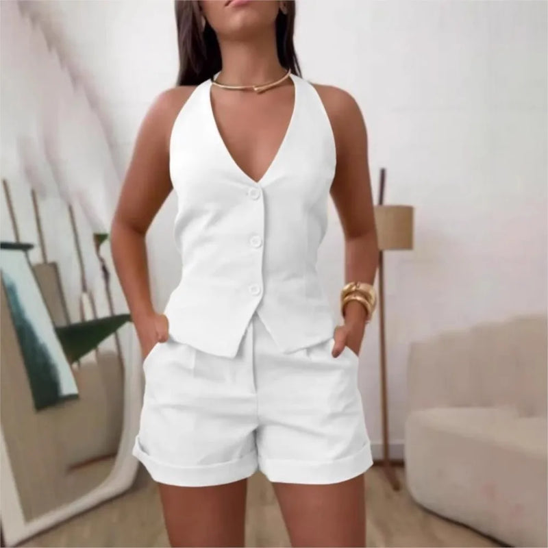 Two Piece Set Sleeveless Backless Blazer Shorts For Women's Summer Fashion V Neck Button Slimming Female Office Shorts Set 2025