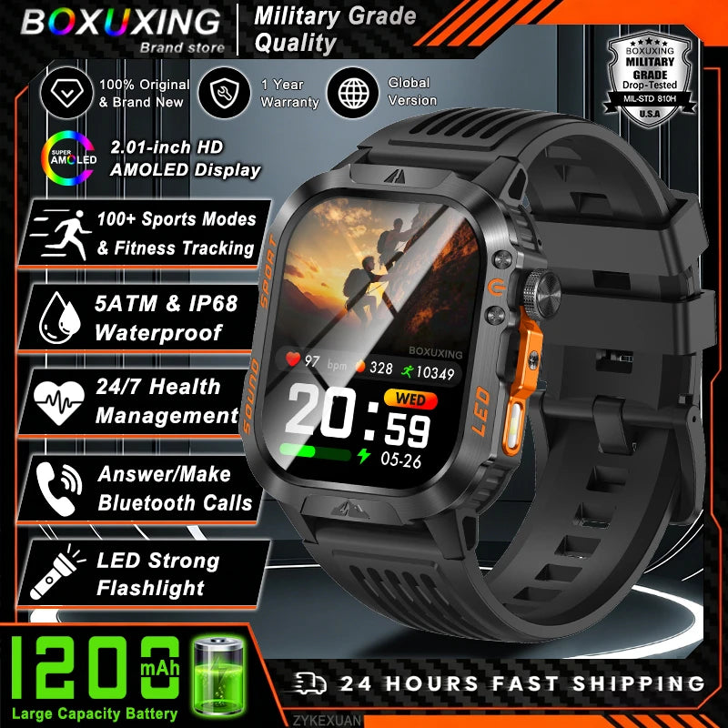 2026 New 1200 mAh Battery Military Smartwatch Men 5ATM Waterproof Fitness Tracker Health Heart Rate Smart Watch For iOS Android