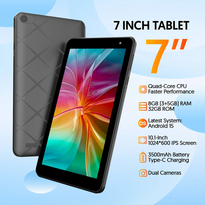 7-inch Android 15 Tablet, 8GB (3+5) RAM, 32GB Storage, 3500mAh Battery, HD 1024x600 IPS Display, Dual Cameras, Wi-Fi, Bluetooth