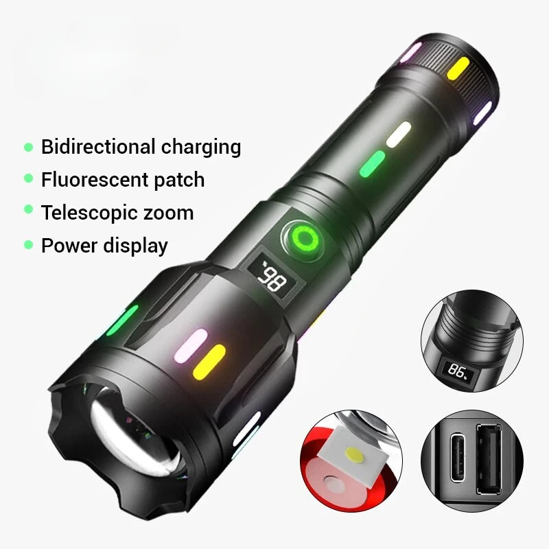 Long Range LED Flashlight High Power Spotlight Fluorescent Absorbing Film Luminous Colorful Zoom Flashlight Camping Emergency